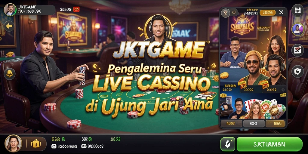 Screenshot gameplay Live Casino JKTGAME dengan dealer dan pemain interaktif.